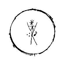 Hand drawn black and white logo for Electric Candlelight. A stick figure in a circle with an eighth note.