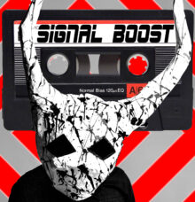 Red, black, and white graphic with a cassette mix tape and a masked figure in the foreground.
