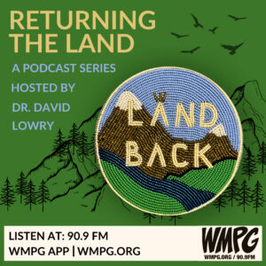 Returning the land logo - includes a beaded graphic that spells out "Land Back."