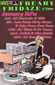 Flyer for Freaky Fridaze at Lincolns. Collaged image of Abraham Lincoln DJing in a radio studio.