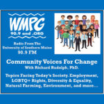 Community Voices For Change banner image with WMPG logo and graphic of diverse group of Mainers