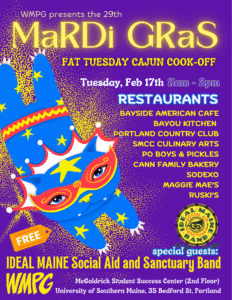 A masked cat celebrates Mardi Gras with a list of restaurants and a The Maine Ideals Band