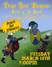 A poster reading "Draw your weapons, Battle of the Bands. Prizes for Winners. Tuesday March 10th 7pm". The image features two knights in full plate armor in a hilly grassy area. The knight on the left swings a guitar like a sword at the other knight, who blocks the blow with his shield.