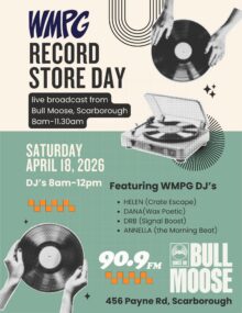 Flyer for WMPG Record Store Day broadcast at Bull Moose