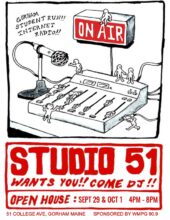 Studio 51 Recruitment Flyer - September 29 & October 1st, 4-8pm. 51 College Ave in Gorham. All welcome!