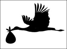 A graphic of a stork flying with a satchel.
