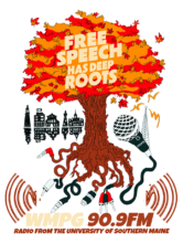 Illustration of a tree with vibrant red, orange, and yellow autumn leaves bearing the words “Free Speech Has Deep Roots.” Its roots intertwine with audio cables and microphones, above a black-and-white city skyline.