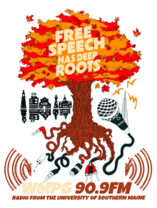 Illustration of a tree with vibrant red, orange, and yellow autumn leaves bearing the words “Free Speech Has Deep Roots.” Its roots intertwine with audio cables and microphones, above a black-and-white city skyline.